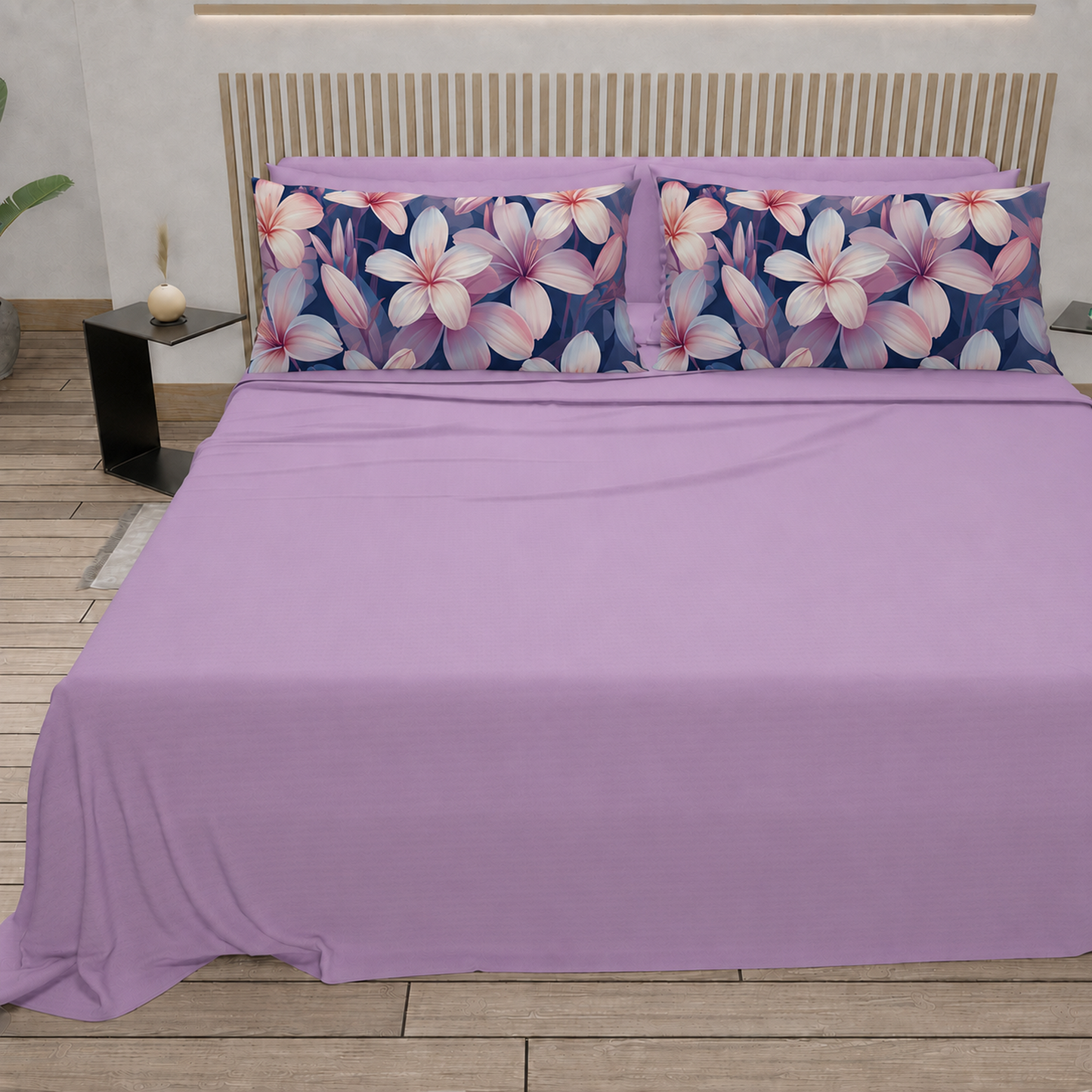 Lenzuola in Cotone, Completo Letto con Federe in Stampa Digitale Petalo 16 Lilla.