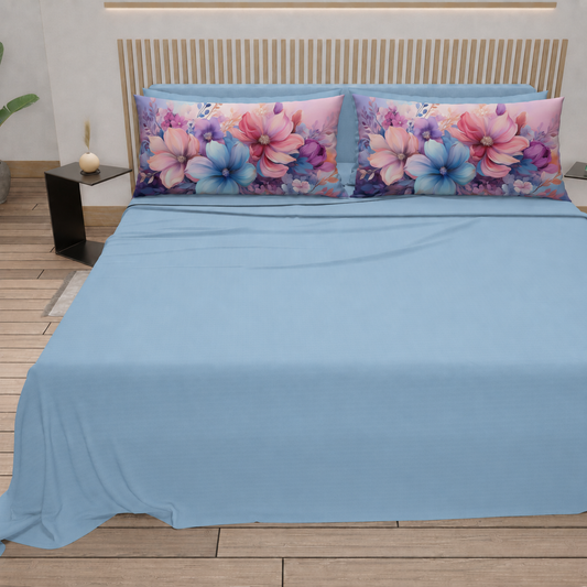 Lenzuola in Cotone, Completo Letto con Federe in Stampa Digitale Petalo 11 Celeste.