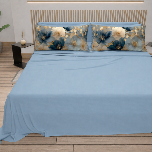 Lenzuola in Cotone, Completo Letto con Federe in Stampa Digitale Petalo 12 Celeste.
