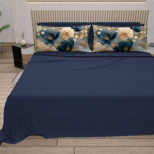 Lenzuola in Cotone, Completo Letto con Federe in Stampa Digitale Petalo 12 Blu Notte.