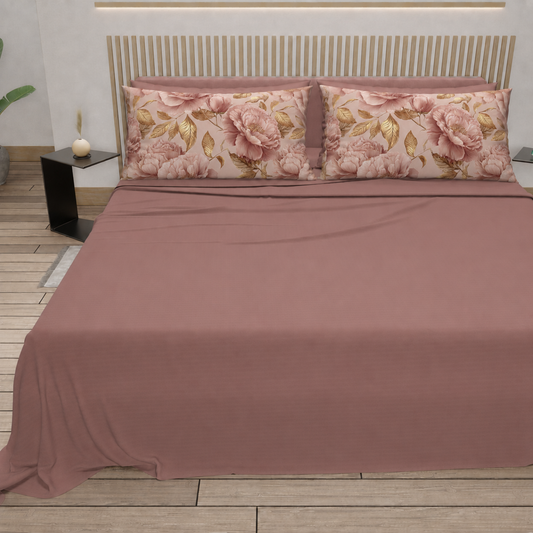 Lenzuola in Cotone, Completo Letto con Federe in Stampa Digitale Petalo 13 Cipria Scuro