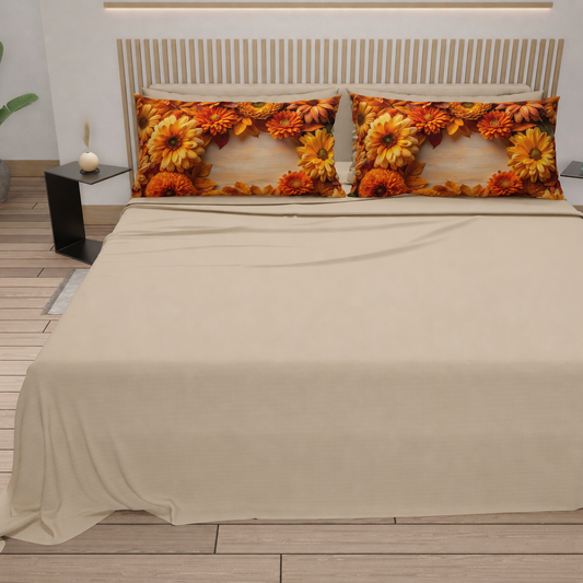 Lenzuola in Cotone, Completo Letto con Federe in Stampa Digitale Autunno 07 Beige