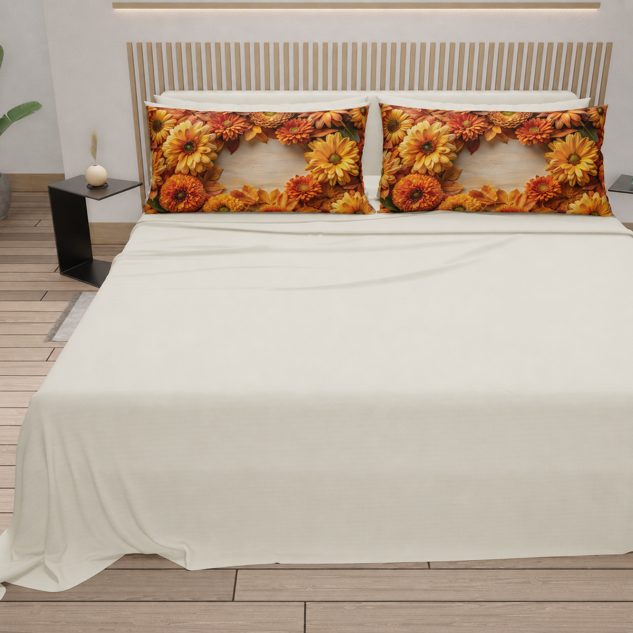 Lenzuola in Cotone, Completo Letto con Federe in Stampa Digitale Autunno 07 Panna