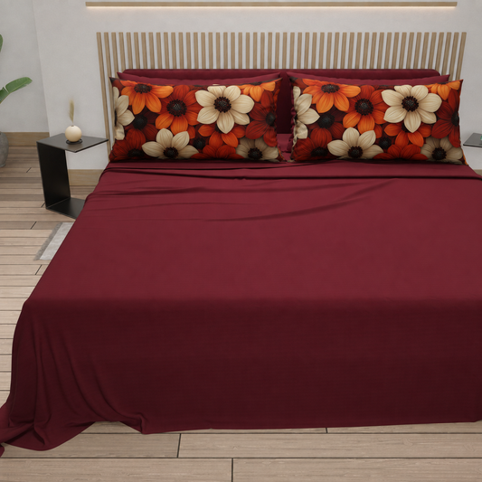 Lenzuola in Cotone, Completo Letto con Federe in Stampa Digitale Autunno 05 Bordeaux