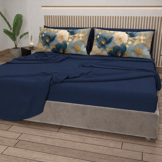 Lenzuola in Cotone, Completo Letto con Federe in Stampa Digitale Petalo 12 Blu Notte.
