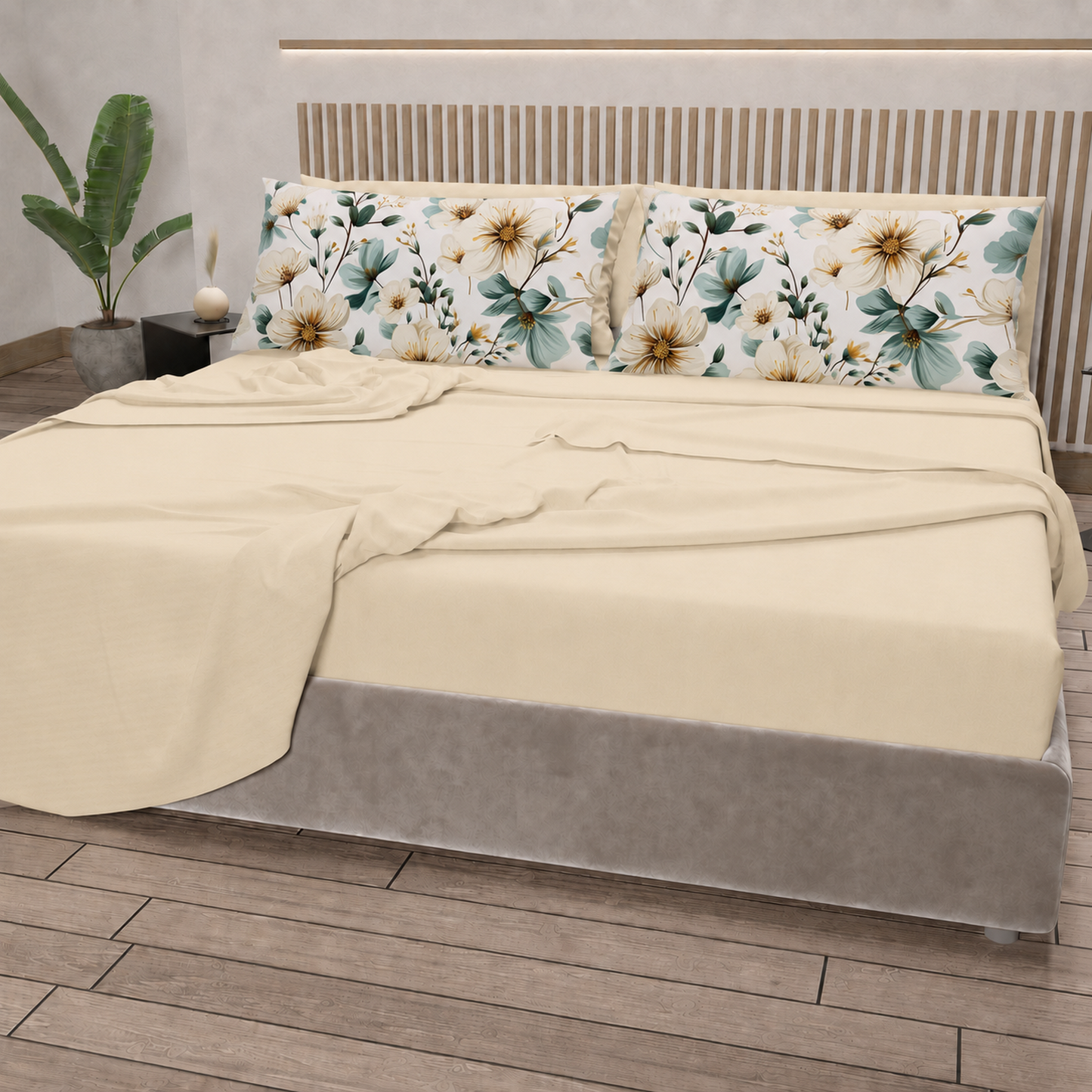 Lenzuola in Cotone, Completo Letto con Federe in Stampa Digitale Petalo 20 Panna.