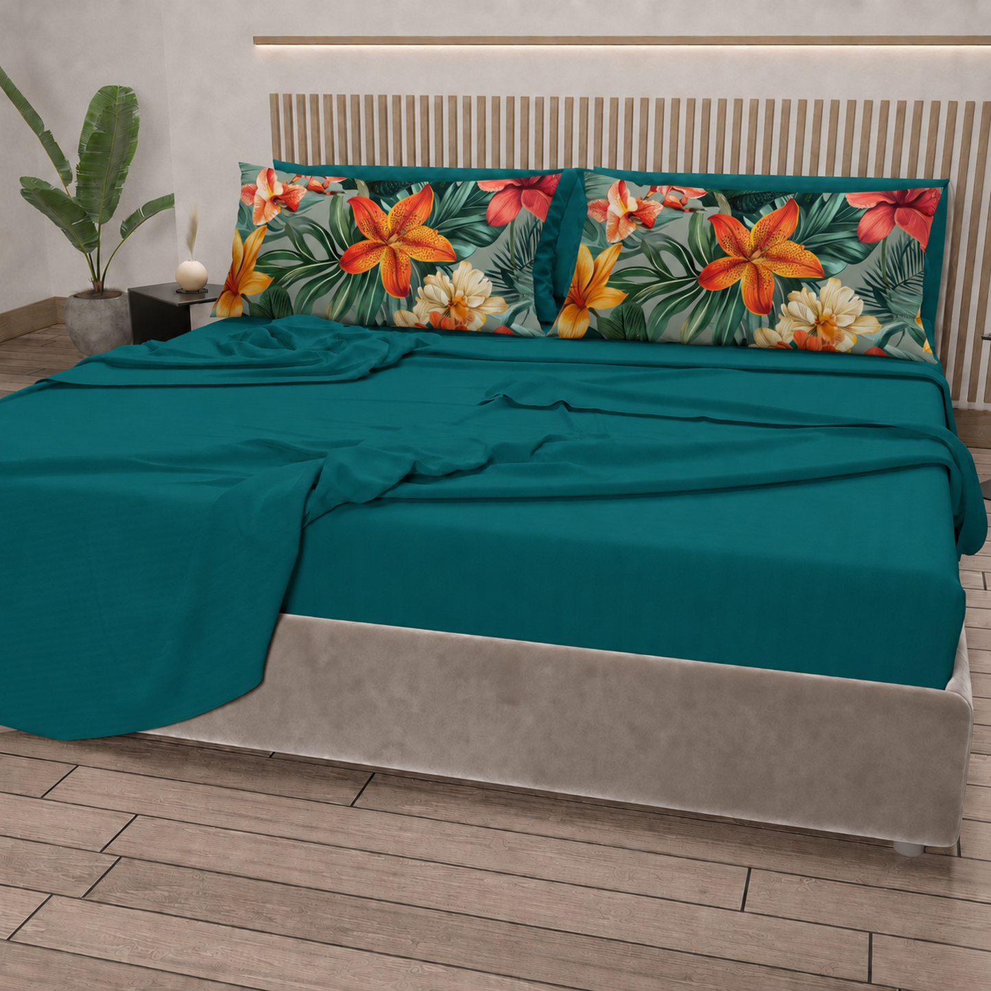Lenzuola in Cotone, Completo Letto con Federe in Stampa Digitale Petalo 04 Ottanio