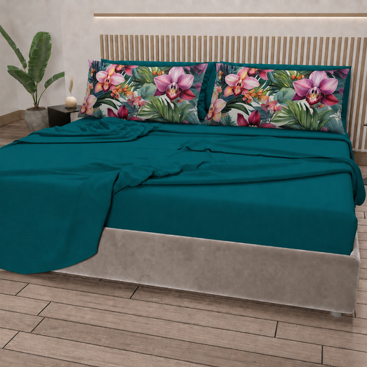 Lenzuola in Cotone, Completo Letto con Federe in Stampa Digitale Petalo 09 Ottanio