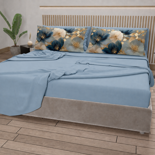 Lenzuola in Cotone, Completo Letto con Federe in Stampa Digitale Petalo 12 Celeste.