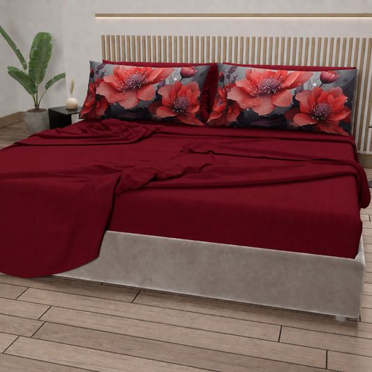 Lenzuola in Cotone, Completo Letto con Federe in Stampa Digitale Petalo 19 Bordeaux.