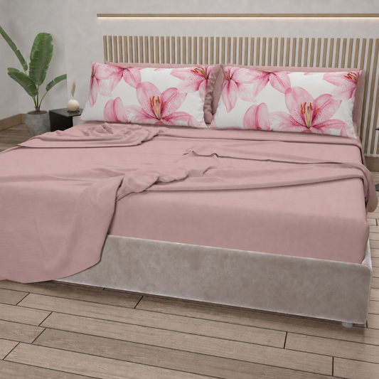 Lenzuola in Cotone, Completo Letto con Federe in Stampa Digitale Petalo 07 Cipria Chiaro.