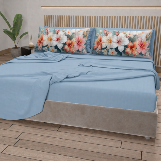 Lenzuola in Cotone, Completo Letto con Federe in Stampa Digitale Petalo 17 Celeste.