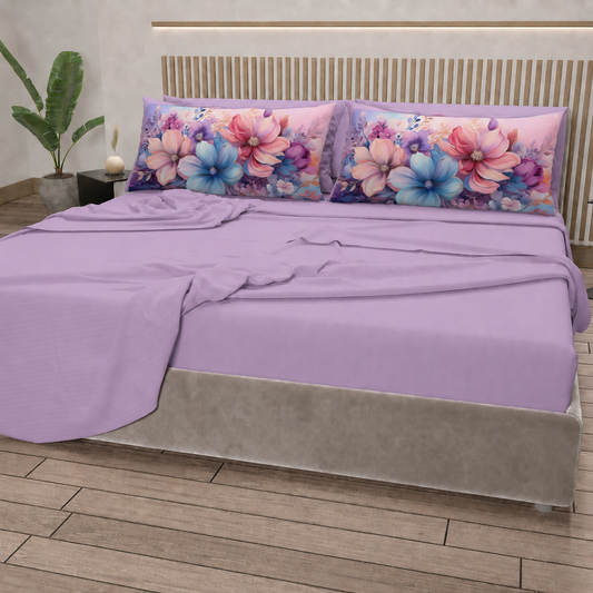 Lenzuola in Cotone, Completo Letto con Federe in Stampa Digitale Petalo 11 Lilla.