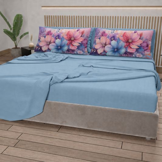 Lenzuola in Cotone, Completo Letto con Federe in Stampa Digitale Petalo 11 Celeste.