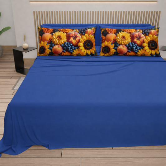 Lenzuola in Cotone, Completo Letto con Federe in Stampa Digitale Autunno 03 Blu Elettrico