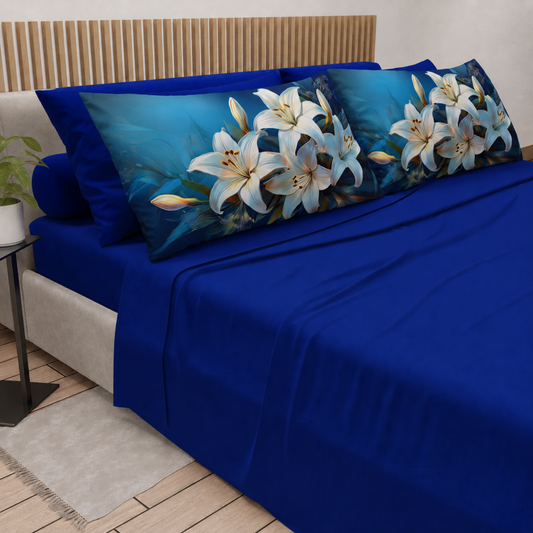 Lenzuola in Cotone, Completo Letto con Federe in Stampa Digitale Petalo 15 Blu Elettrico.