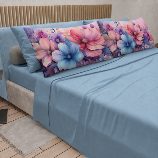 Lenzuola in Cotone, Completo Letto con Federe in Stampa Digitale Petalo 11 Celeste.