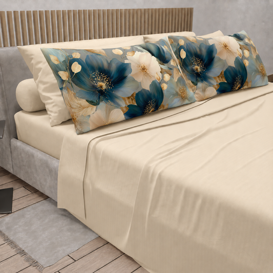 Lenzuola in Cotone, Completo Letto con Federe in Stampa Digitale Petalo 12 Panna.
