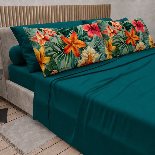 Lenzuola in Cotone, Completo Letto con Federe in Stampa Digitale Petalo 04 Ottanio