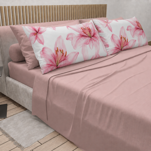 Lenzuola in Cotone, Completo Letto con Federe in Stampa Digitale Petalo 07 Cipria Chiaro.