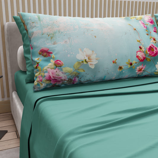 Draps en Coton, Ensemble de Lit avec Taies d'Oreiller en Impression Digitale Shabby 345
