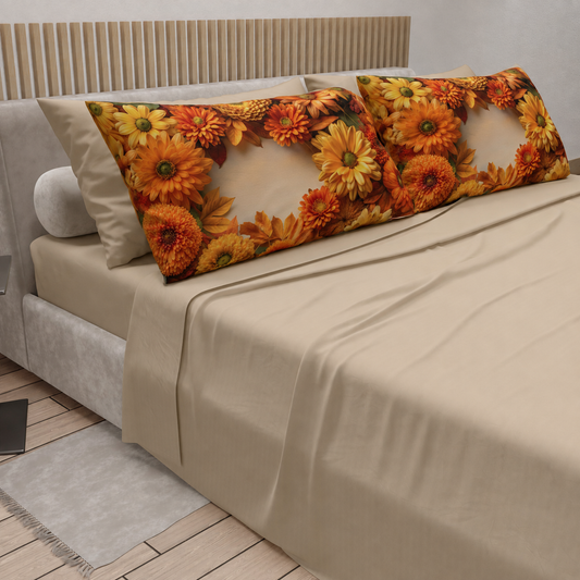 Lenzuola in Cotone, Completo Letto con Federe in Stampa Digitale Autunno 07 Beige