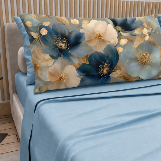 Lenzuola in Cotone, Completo Letto con Federe in Stampa Digitale Petalo 12 Celeste.