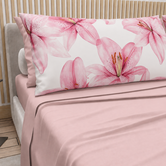 Lenzuola in Cotone, Completo Letto con Federe in Stampa Digitale Petalo 07 Cipria Chiaro.