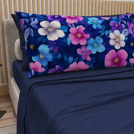 Lenzuola in Cotone, Completo Letto con Federe in Stampa Digitale Petalo 05 Blu Notte.