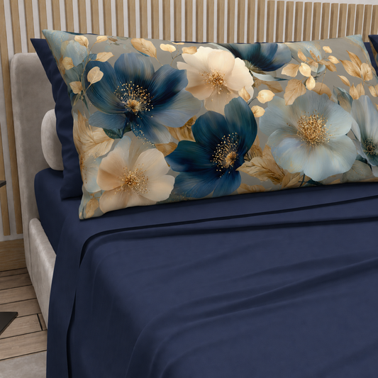 Lenzuola in Cotone, Completo Letto con Federe in Stampa Digitale Petalo 12 Blu Notte.