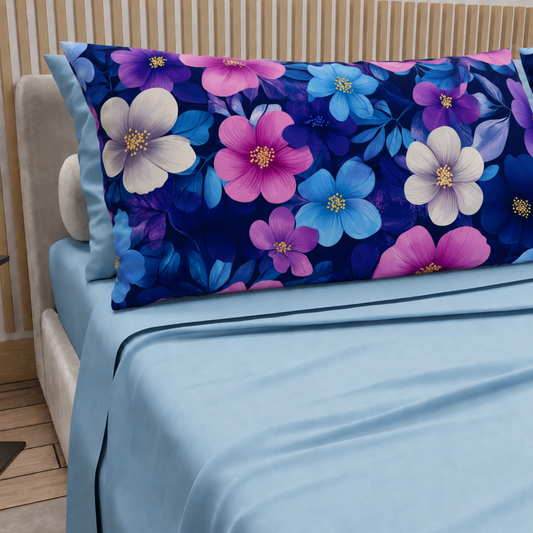 Lenzuola in Cotone, Completo Letto con Federe in Stampa Digitale Petalo 05 Cleleste.