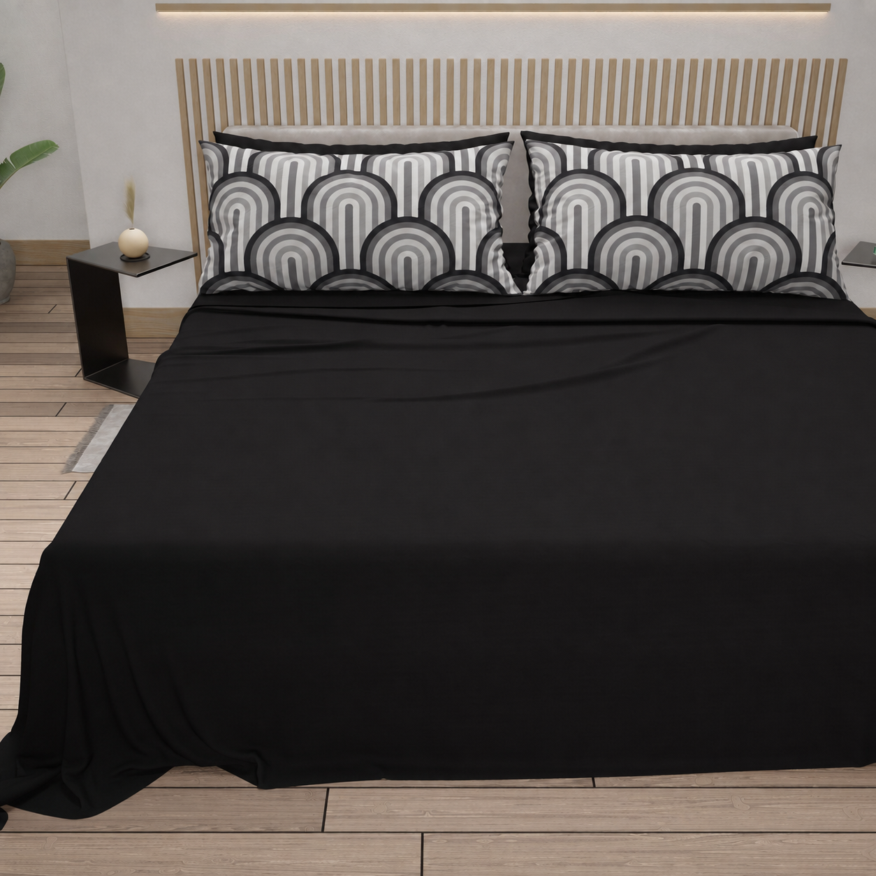 Lenzuola in Cotone, Completo Letto con Federe in Stampa Digitale Delta Grigio Nero