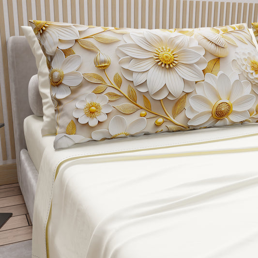 Draps en Coton, Parure de Lit avec Taies d'Oreiller à Imprimé Floral Numérique 05-13