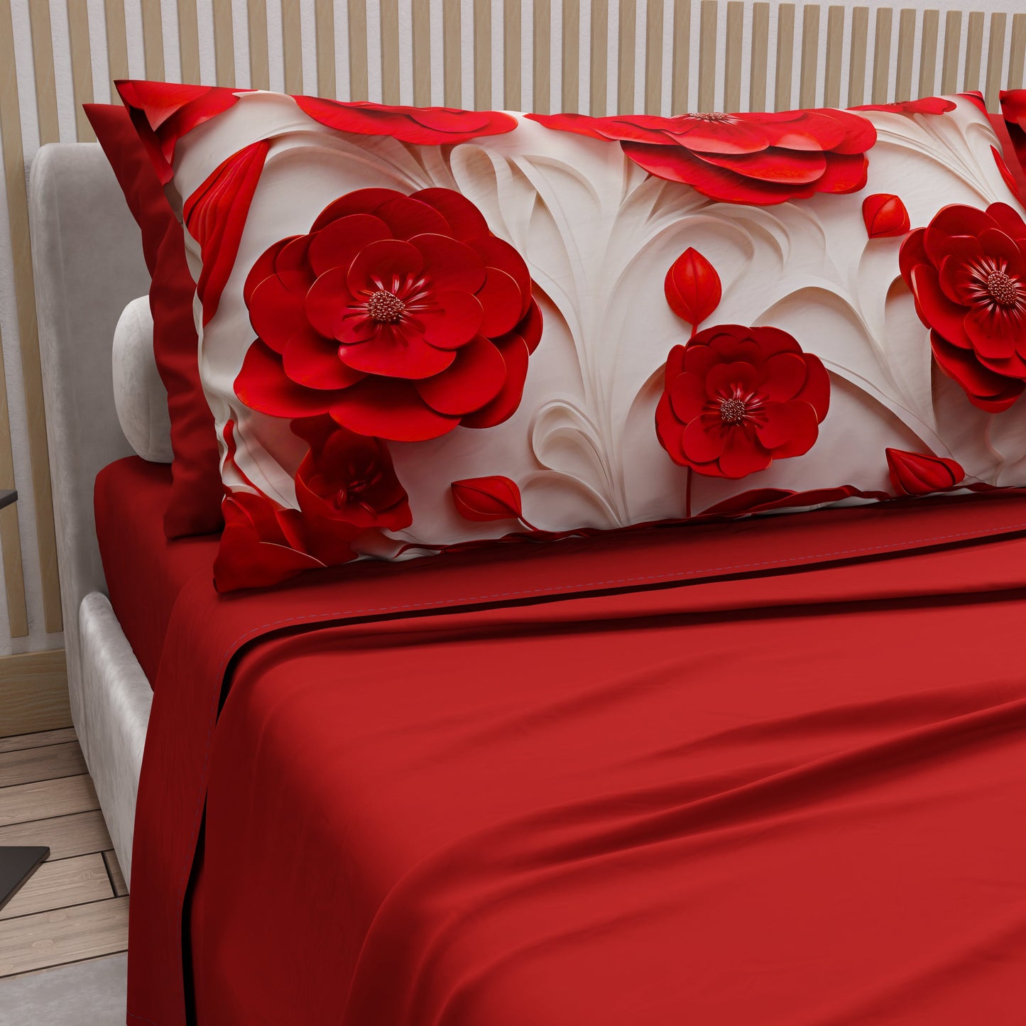 Courtepointe Unie en Velours Rouge + Draps assortis et Taie d'oreiller Digitale