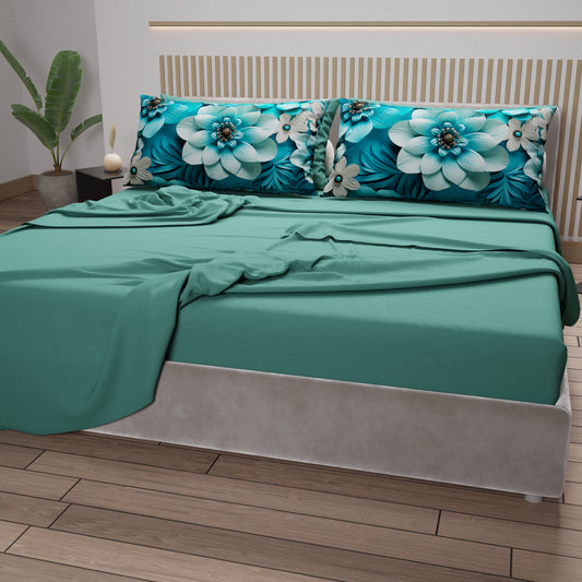 Draps en Coton, Parure de Lit avec Taies d'Oreiller à Imprimé Floral Numérique 05-21
