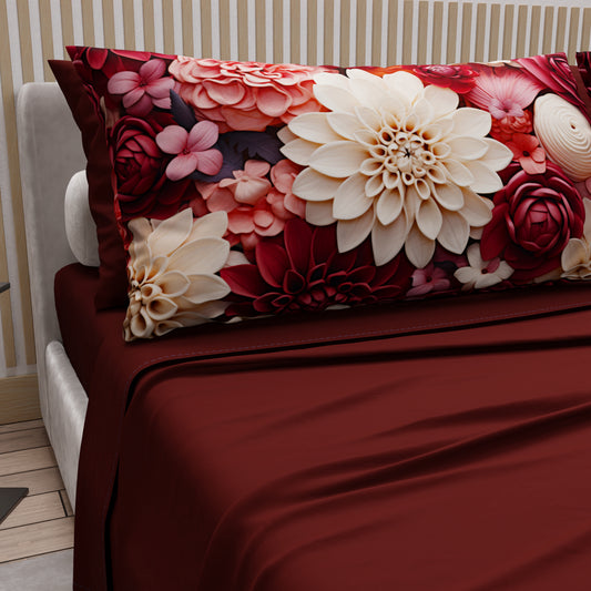 Draps en Coton, Parure de Lit avec Taies d'Oreiller à Imprimé Floral Numérique 05-24