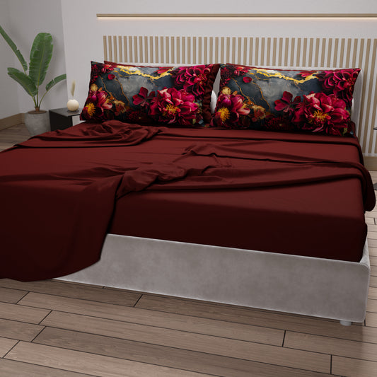 Draps en Coton, Parure de Lit avec Taies d'Oreiller en Impression Numérique Florale 06-16