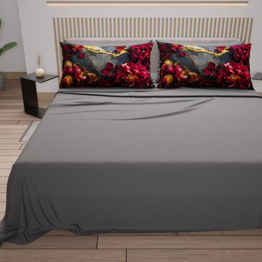 Draps en Coton, Parure de Lit avec Taies d'Oreiller en Impression Numérique Florale 06-16