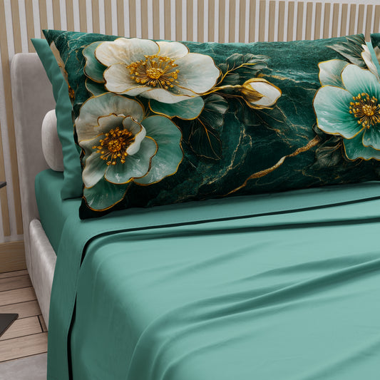 Draps en Coton, Parure de Lit avec Taies d'Oreiller en Impression Digitale Florale 06-19