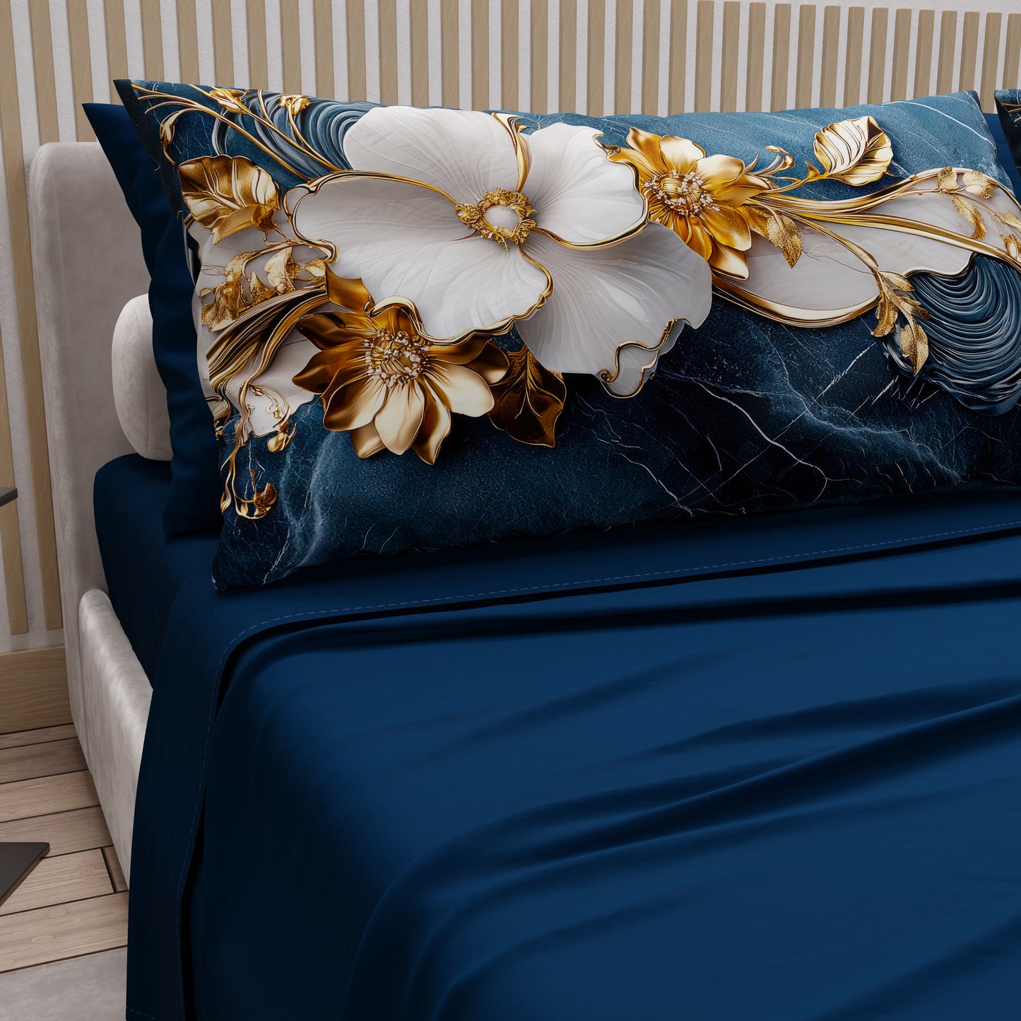 Courtepointe Unie en Velours Bleu + Draps assortis et Taie d'oreiller Digitale