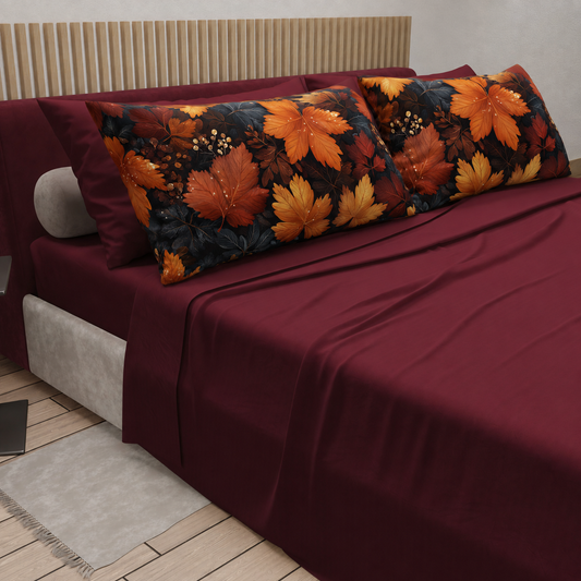 Lenzuola in Cotone, Completo Letto con Federe in Stampa Digitale Autunno 01 Bordeaux