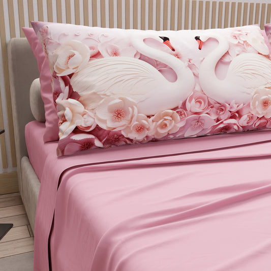 Lenzuola in Cotone, Completo Letto con Federe in Stampa Digitale Cigni Rosa