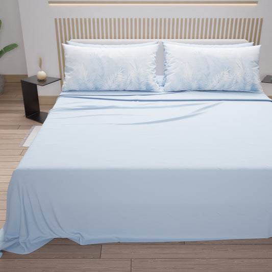 Lenzuola in Cotone, Completo Letto con Federe in Stampa Digitale Foglia Celeste