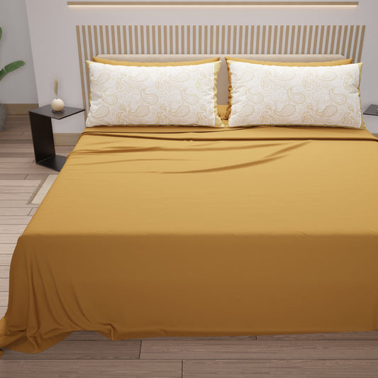 Draps en Coton, Parure de Lit avec Taies d'Oreiller en Impression Digitale Paisley Beige