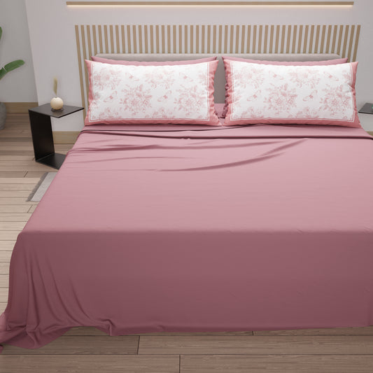 Draps en Coton, Parure de Lit avec Taies d'Oreiller en Impression Numérique Botanique Rose