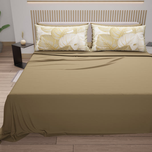 Lenzuola in Cotone, Completo Letto con Federe in Stampa Digitale Tropical Tortora-Oro