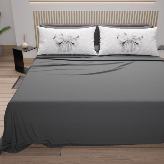 Lenzuola in Cotone, Completo Letto con Federe in Stampa Digitale Fiocco Grigio