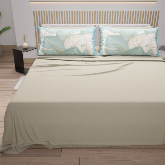Lenzuola in Cotone, Completo Letto con Federe in Stampa Digitale Tropical Celeste-Oro