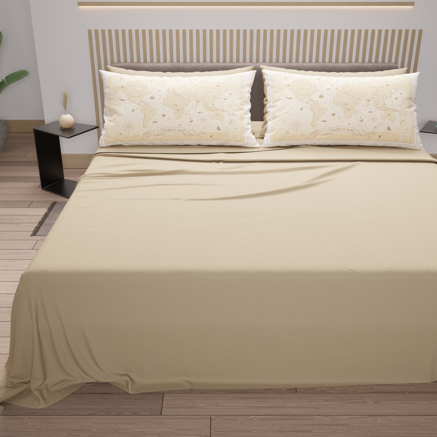 Draps en coton, parure de lit avec taies d'oreiller à impression numérique World Beige