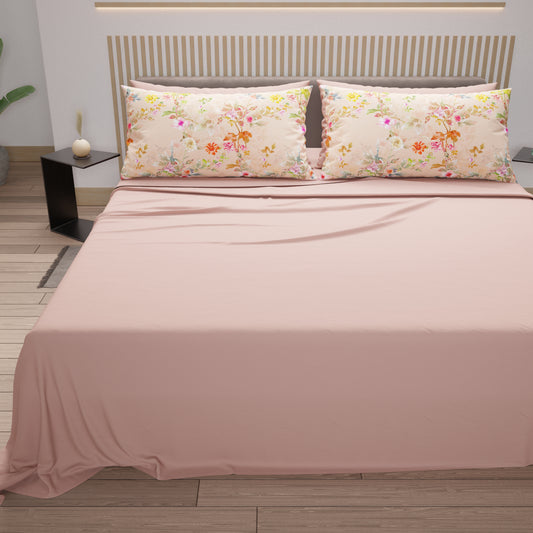 Lenzuola in Cotone, Completo Letto con Federe in Stampa Digitale Spring Cipria